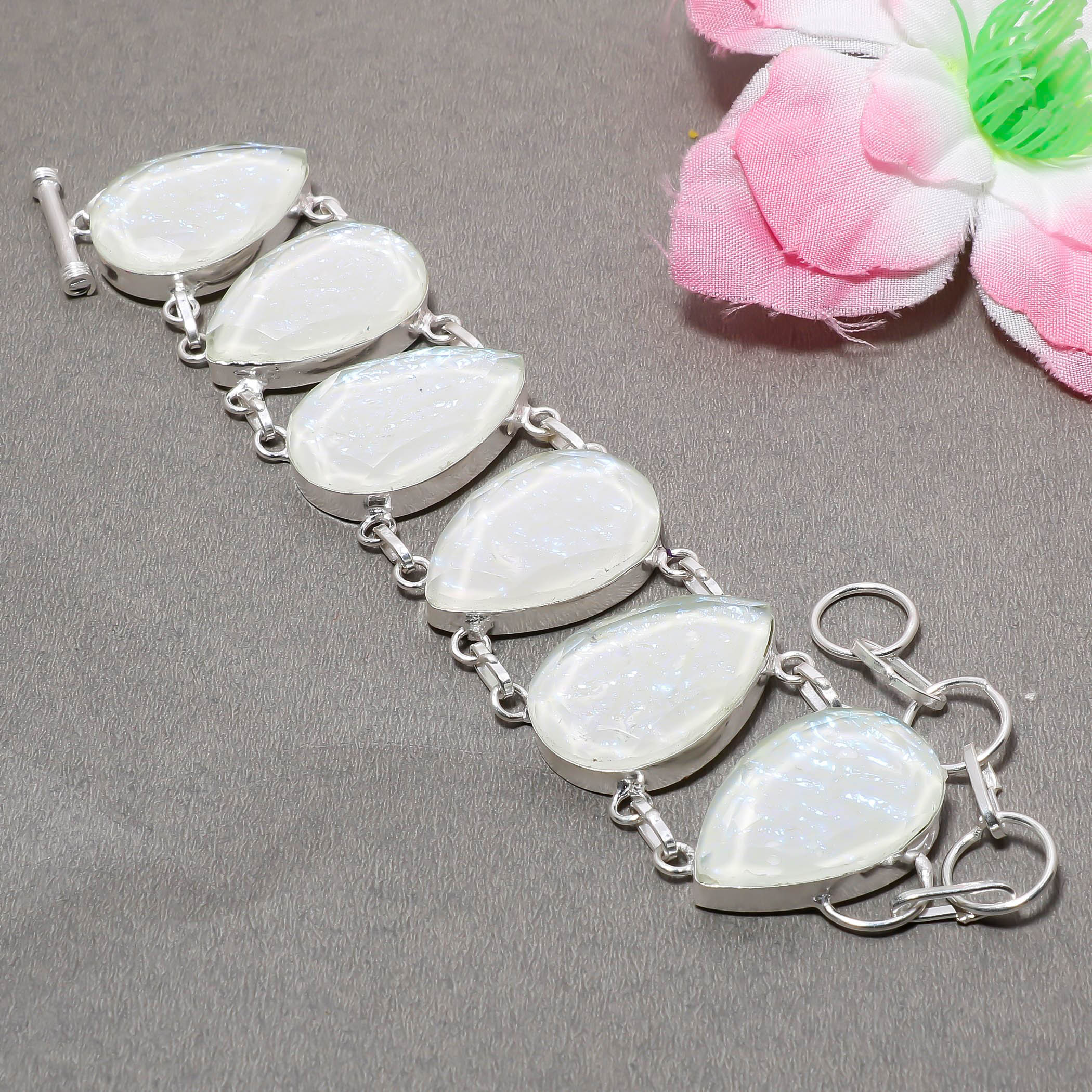 

White Fire Opal Gemstone 925 Sterling Silver Jewelry Charm Bracelet 7-8