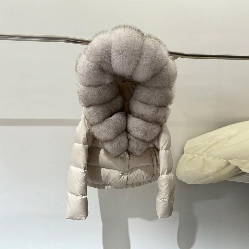 European winter new fox big fur collar hooded short down jacket women's white duck down fashion thickened coat