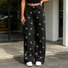 High Elasticity Denim Girl's Bow Cherry Print Baggy Jeans, Wide Leg Mid Waisted Women Jeans Pants, Zipper Fly Elastic Casual Streetwear with Pockets