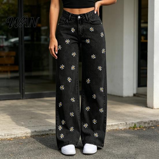 High Elasticity Denim Girl's Bow Cherry Print Baggy Jeans, Wide Leg Mid Waisted Women Jeans Pants, Zipper Fly Elastic Casual Streetwear with Pockets