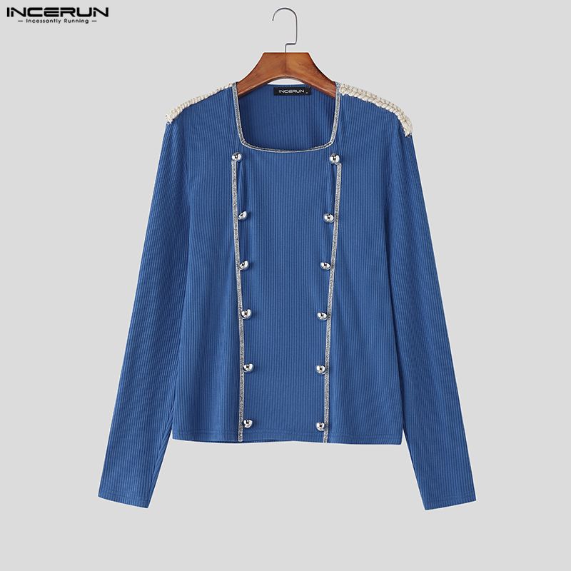 INCERUN Men's Square Collar Long Sleeve Patchwork Buttons Fitted Cropped T-shirts Tops