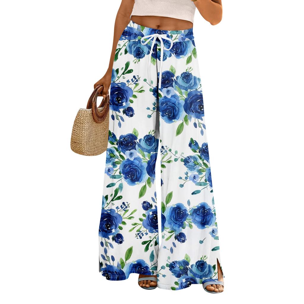 Damen Sommer Boho Palazzo Hose Hohe Taille Weites Bein Blumendruck Freizeithose Mit Taschen