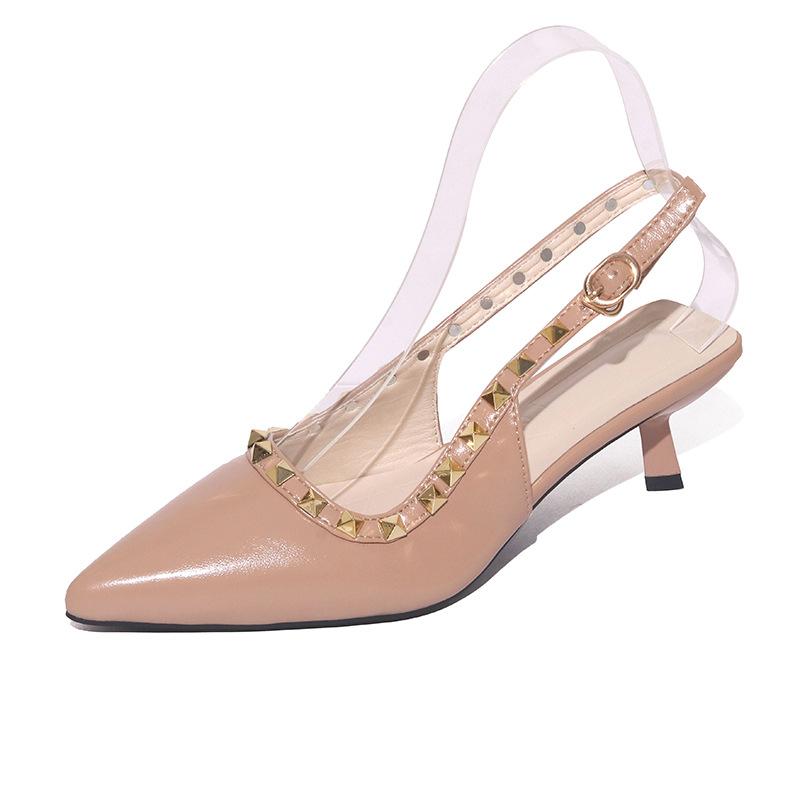 Baotou Sandals Women's 2025 New Summer French Pointed Thin Heel Light Mouth Word with Nude Rivet High Heels