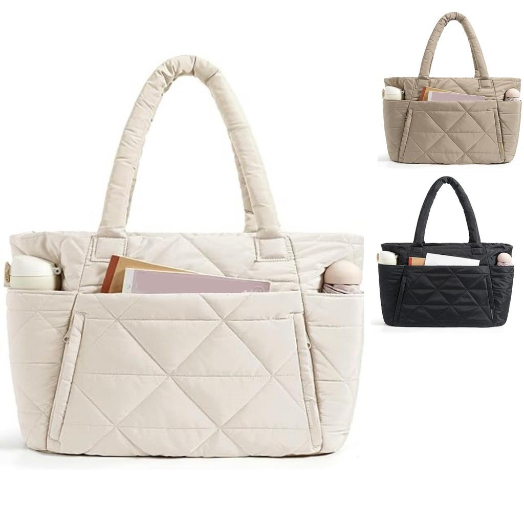Puffy Tote Bag Large Capacity Solid Color Travel Satchel Purse Lightweight with Compartments Quilted Shoulder Bag
