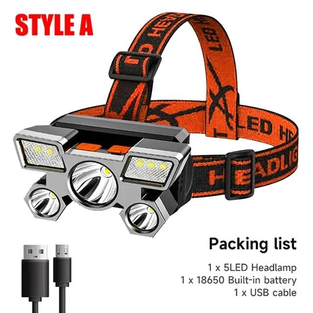 Powerful 5 LED Headlamp USB Rechargeable Built-in 18650 Battery Headlight Outdoor Camping Fishing Emergency Searching Lantern