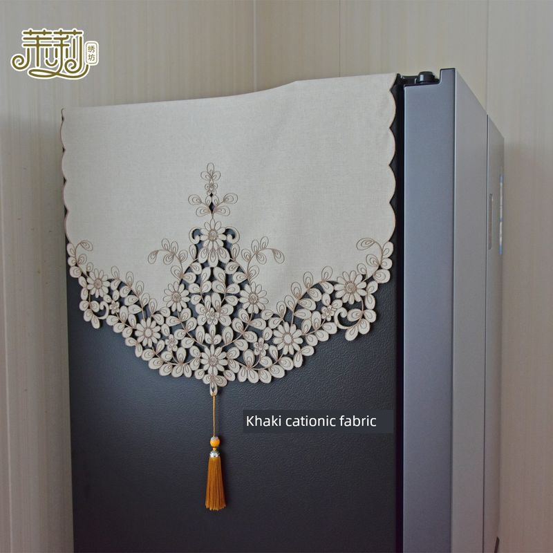 

Fashion-Style Romantic House Refrigerator Cover Towel For Home Single and Double Doors Dust Cover Cut Out Embroider Modern Minimalist Fabric 1447 khaki cationic fabric Single door 55*150cm