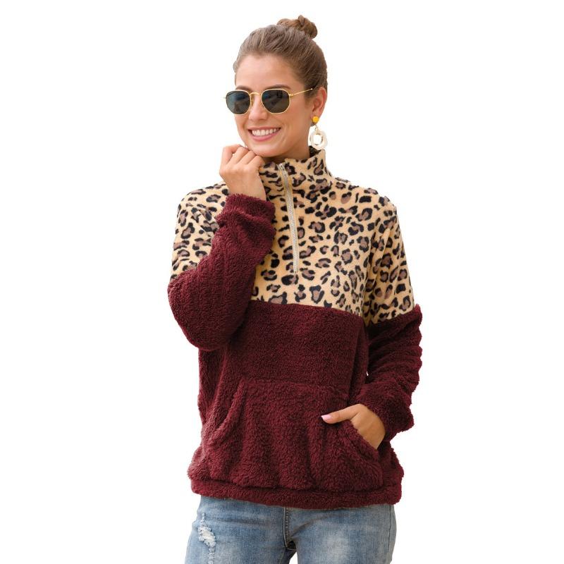 2025 New Zipper Lapel Double-sided Velvet Leopard Print Spliced Sweatshirt for Women