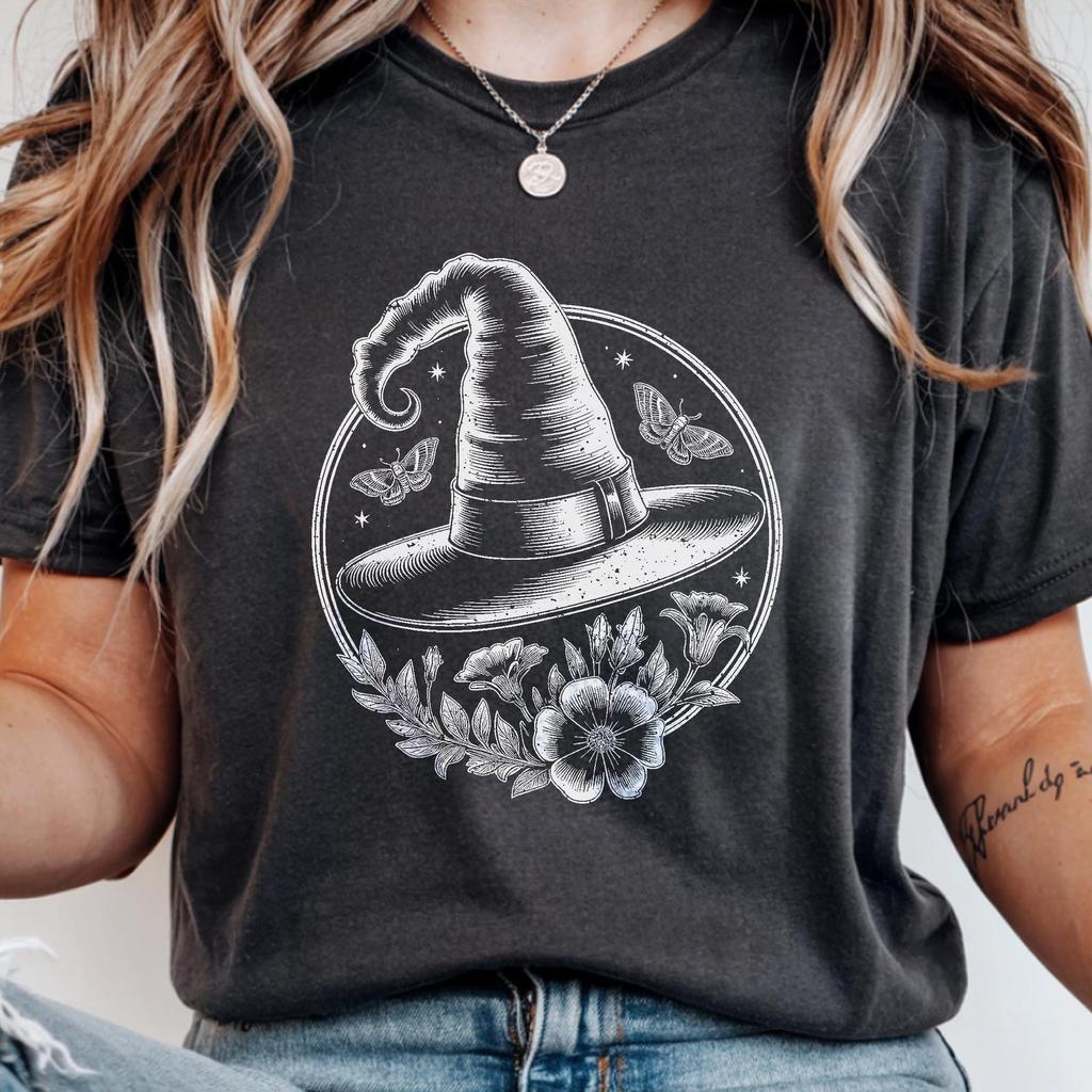 Botanical Witch Hat T-Shirt Cozy Goth Cottagecore Tee Witchy Aesthetic Floral Shirt Magic Moth Gift Witchcore Clothing