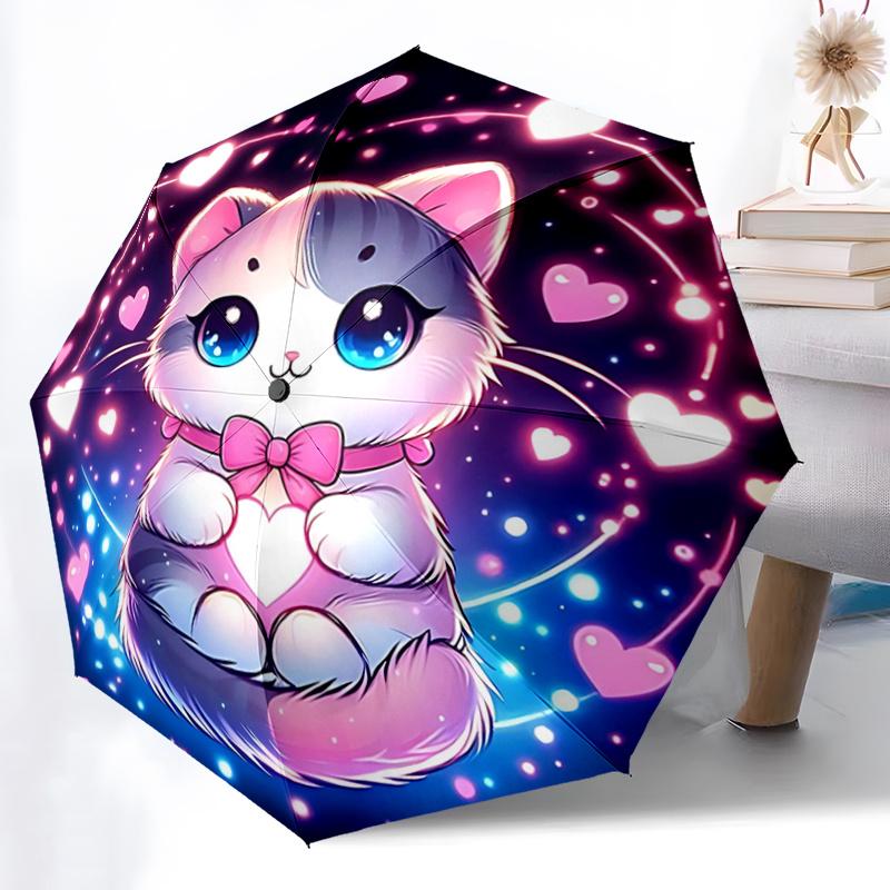 1pc Sweet Love Cat Design Automatic Open/CloseUmbrella-CuteUmbrella with Cute Design, Portable 3-Fold Compact Umbrella for Men & Women, Valentine