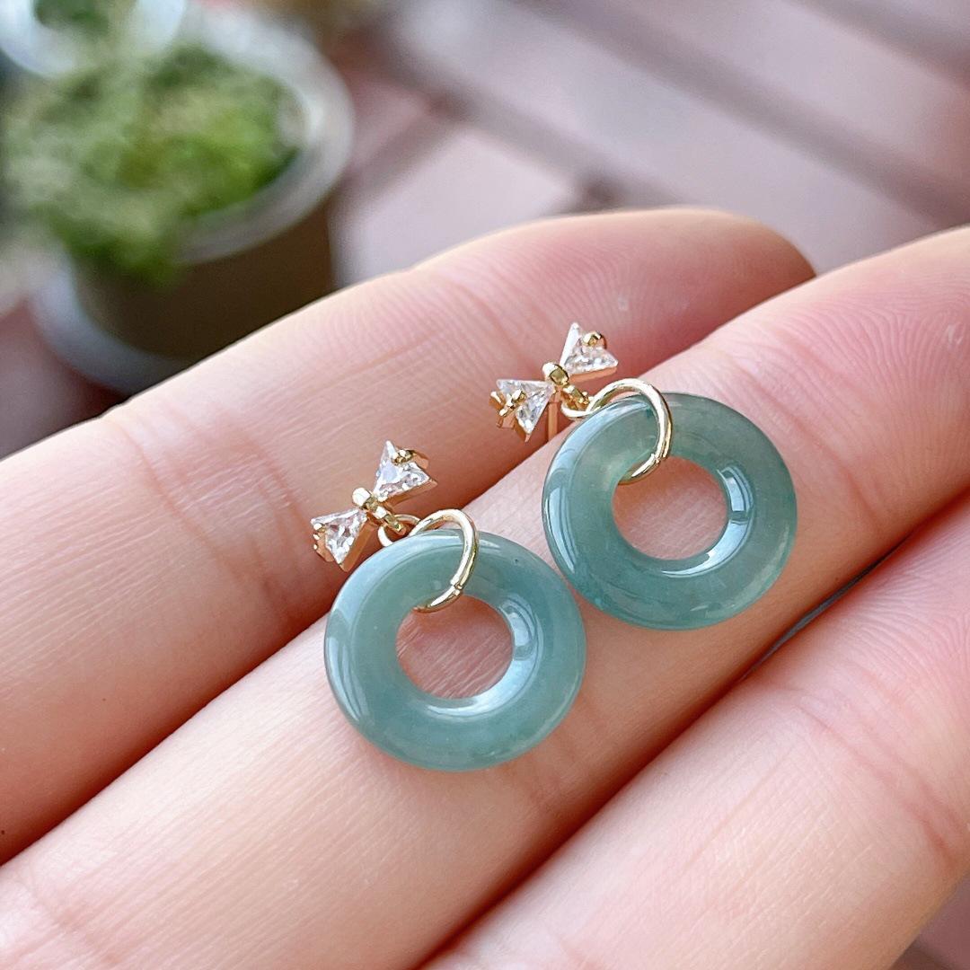 Natural A-Grade Jade Blue Water  Red Jade Donut Earrings with 14k Gold Plating, Chinese Style