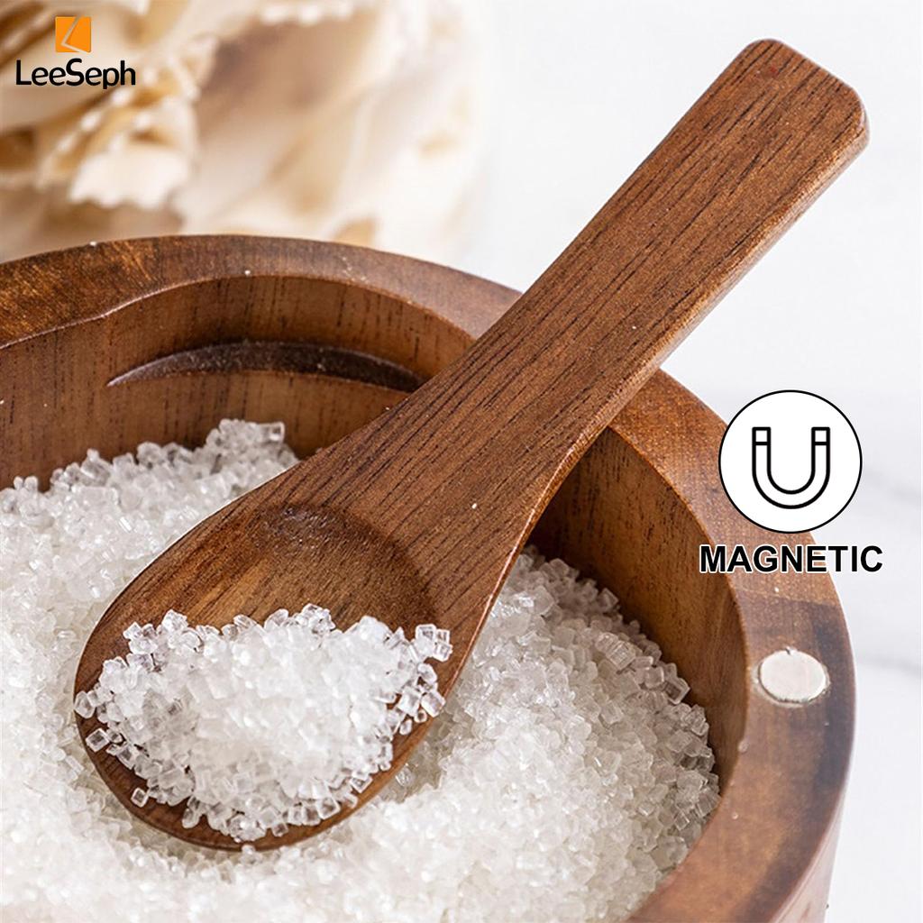 Acacia Wood Salt and Pepper Cellar with Magnetic Swivel Lid and Wood Spoon, Seasonings Container Holder for Spices Sugar Pepper