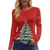 Women's Christmas Print Long Sleeve Top with Round Neck and Side Slit Hem Festive Holiday Blouse