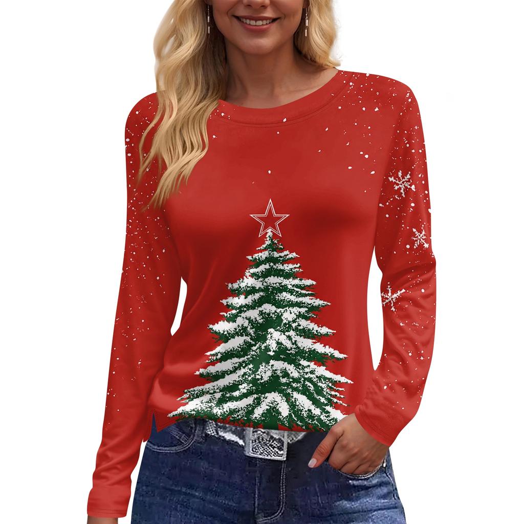 Women's Christmas Print Long Sleeve Top with Round Neck and Side Slit Hem Festive Holiday Blouse