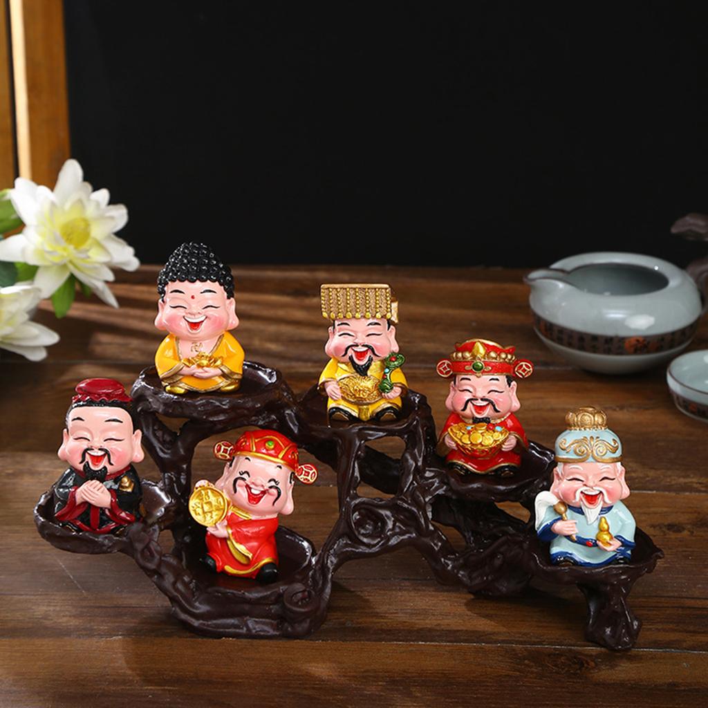 6x God of Good Fortune Figurines Decorative with Stand Miniature Figures for Spring Festival New Year Living Room Shelf Gift