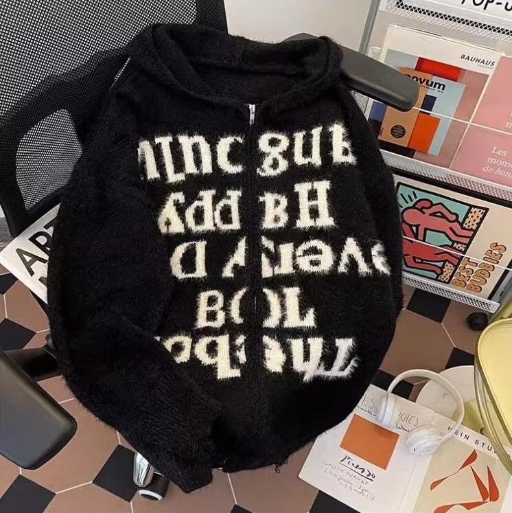 

American Lazy Ripped Hooded Knitted Cardigan Sweater Men s and Women s Vintage High Street Loose Couple Zipper Plush Jacket 2XL чорний