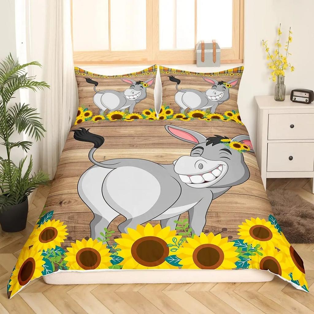 Donkey King Queen Duvet Cover Cartoon Funny Donkey Bedding Set Farmhouse Animal Comforter Cove Sunflower Polyester Quilt Cover