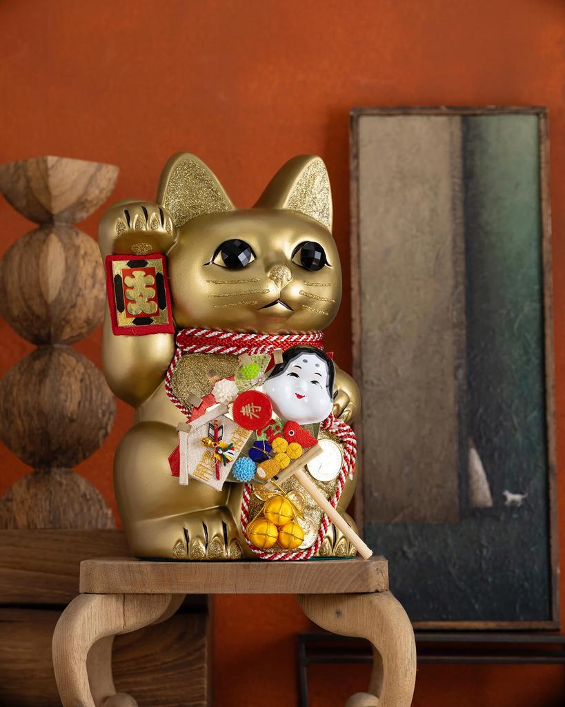 Glückskatze Rechte Pfote Glücklich Gutes Feng Shui Opferbox Katze, (Größe L, Gold) Erhöht/Keramik - Katze, Maneki-neko, Glück, Figur, (fa_L Gold)