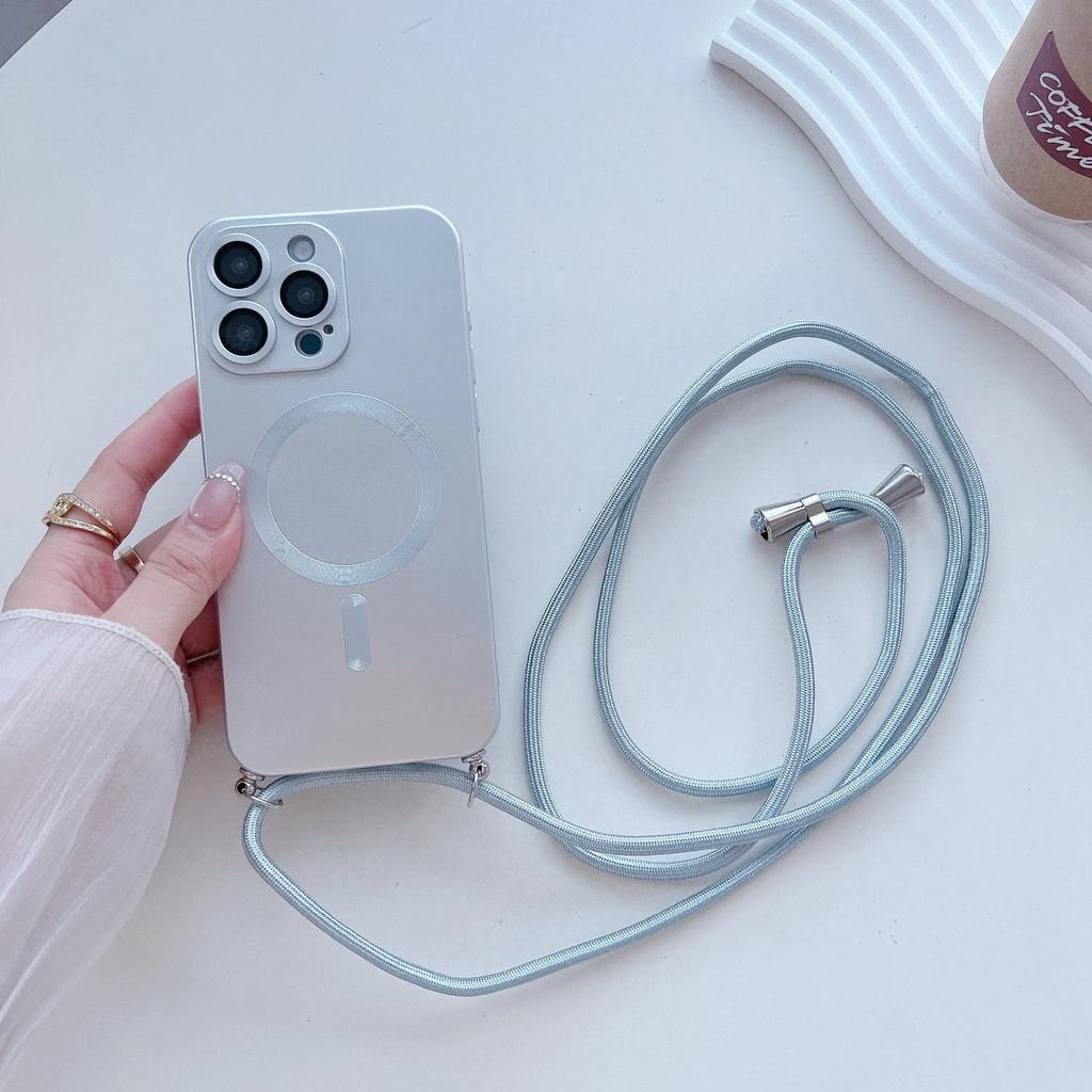Fashion Magnetic Phone Case for IPhone 17 16 15 14 Plus 13 12 Pro Max with Crossbody Strap Shockproof Matte Lanyard Rope Cover