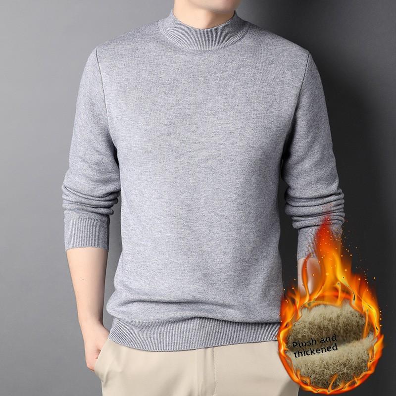 New Winter Men's Solid Color Fleece Thickened Integrated Fleece Knitted Sweater Semi-turtleneck Men's
