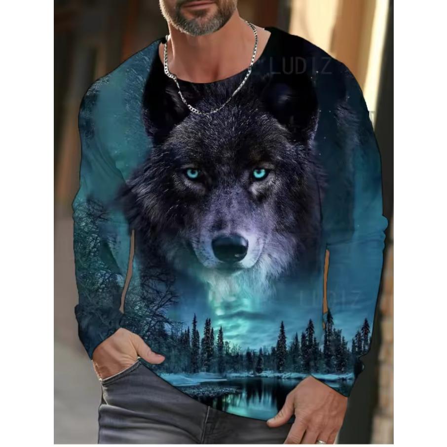 Wolf Graphic Men's Long Sleeve T-shirt for Men Clothing Casual Top Tee Shirt Fashion Animal 3D Full Printing Streetwear