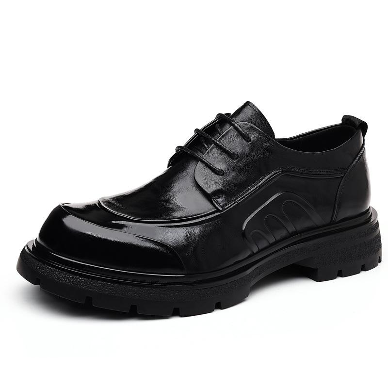 Top Layer Cowhide New Men's Formal Business Leather Shoes High-end Light Luxury Big Head Thick Soled Men's Shoes Trendy Lace Up Single Shoes