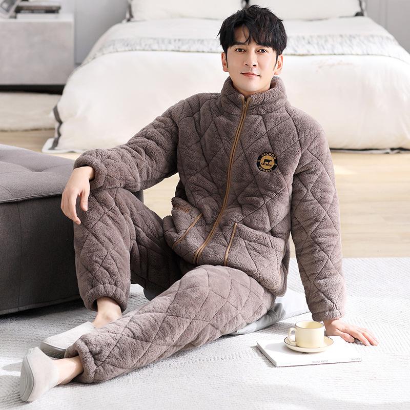 Winter Coral Fleece Pajamas Men'S Three-Layer Padded Cotton Thickened Warm Zipper Flannel Loungewear Padded Jacket Fleece Set