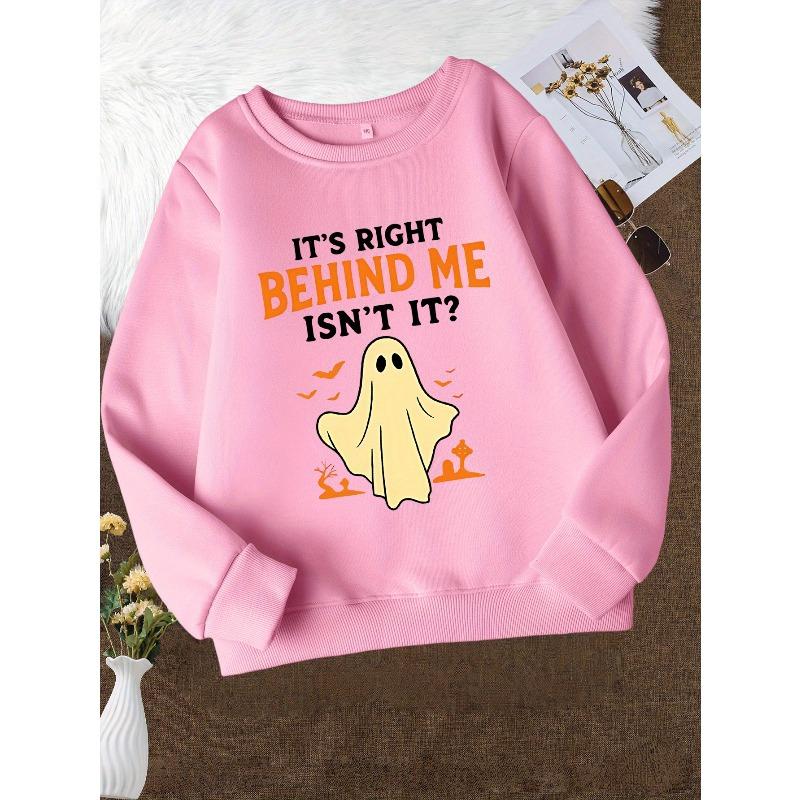 Girls' Spooky Halloween Sweatshirt - "It'S Right Behind Me Isn't It?" Ghost & Bat Print, Long Sleeve Round Neck Top with Pockets