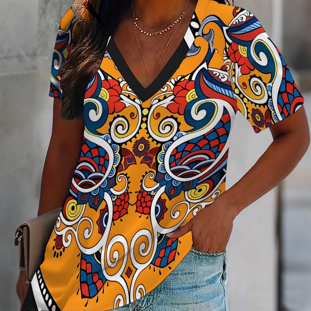 Women Floral Print T Shirt V Neck Short Sleeve Loose Casual Summer Daily Tops