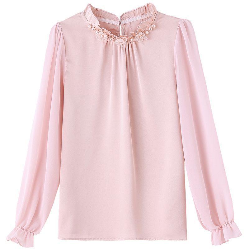 Spring Autumn Beading V-neck Temperament Solid Shirt Women Long Sleeve Ruffles Elegant Blouse Pullover Top