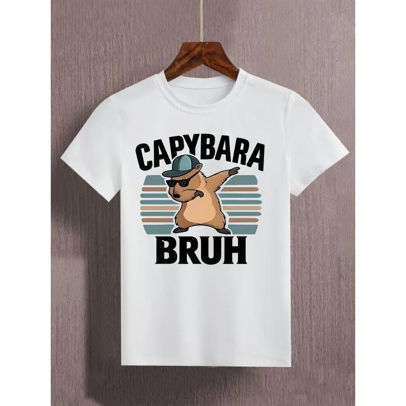 

European sizes Boys Casual Capybara Bruh Graphic Print Crew Neck T-Shirt - Short Sleeve, Stretch Fabric, Regular Fit 164cm