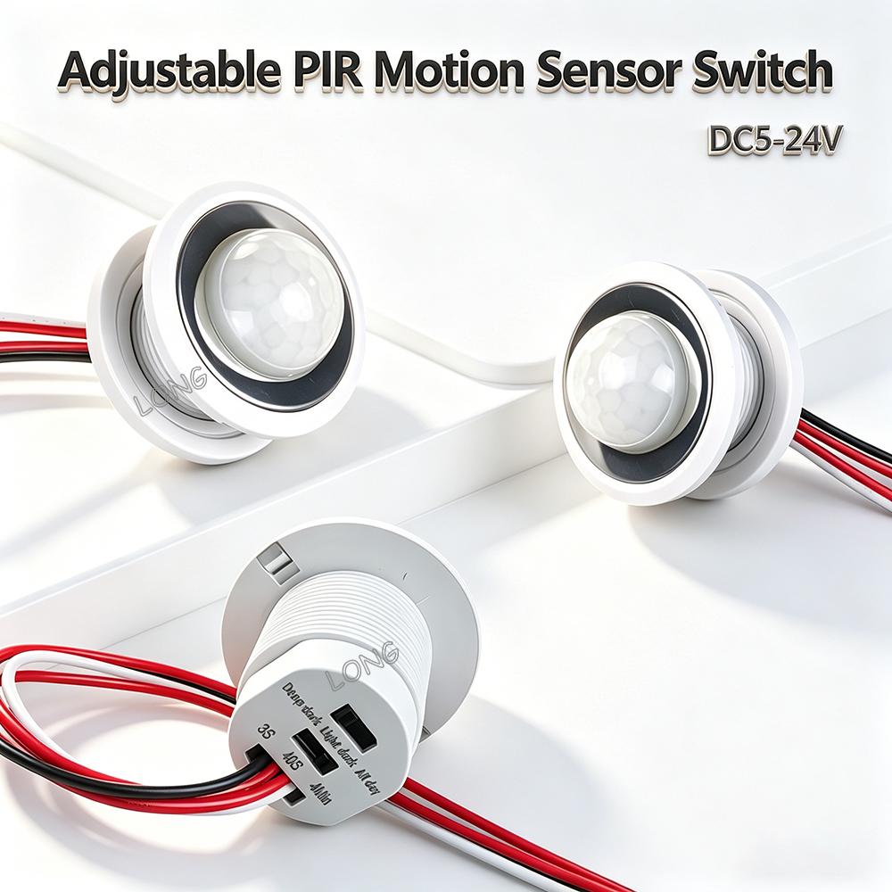 PIR Infrared Sensor Switch DC5-24V 100W Delay Time Light Sensitivity Adjustable for Closet Cabinet Corridor Ceiling LED Lamp