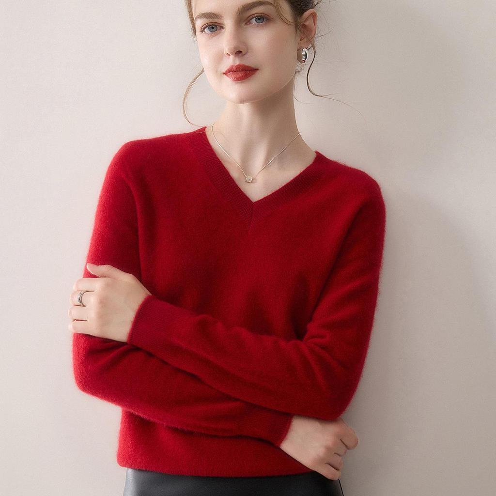 Minimalist Women's Pure Cashmere V-Neck Loose Knit Sweater - Early Autumn Pullover Top