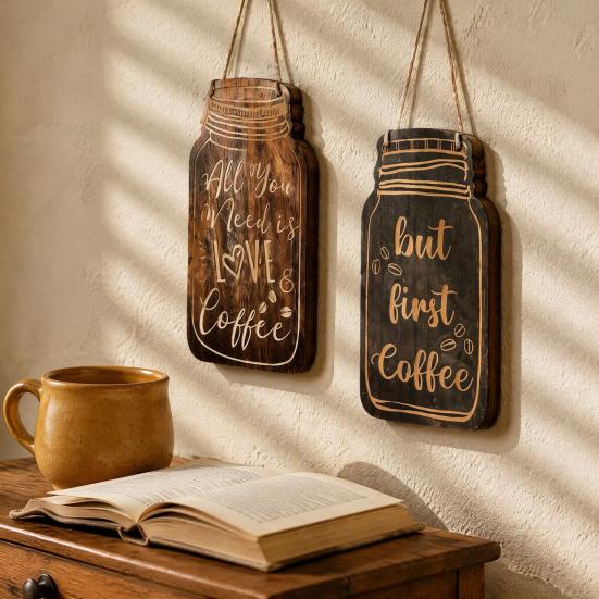 Coffee Bar Accessories 4Pcs Wooden Wall Sign, Farmhouse Rustic Mason Jar Hanging Restaurant Decorative Wood Plaque Decoration, Art for Cafe