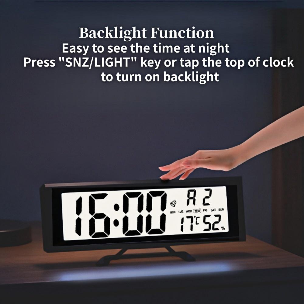 Battery Powered Large Digital Alarm Clock with Backlight Temperature Humidity Date Snooze Table Clock Dual Alarm12/24H LCD Clock
