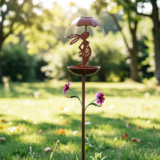 Bird Feeder with Solar Light Outdoor Decorative Garden Decor Wrought Iron Rabbit Holding Umbrella Anti-Rust Bird Feeder Stake for Yard Lawn Patio