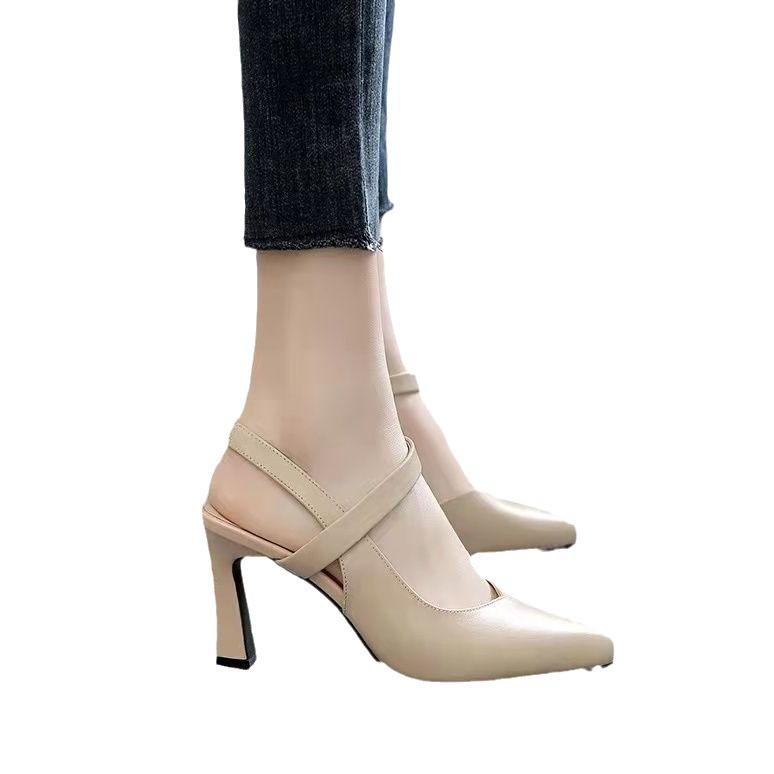 Pointed Sandals Women's Small Size Bag Head Soft Leather Summer 2025 New Middle Heel Empty Soft Leather Fine Heel Spring and Summer Women's Shoes