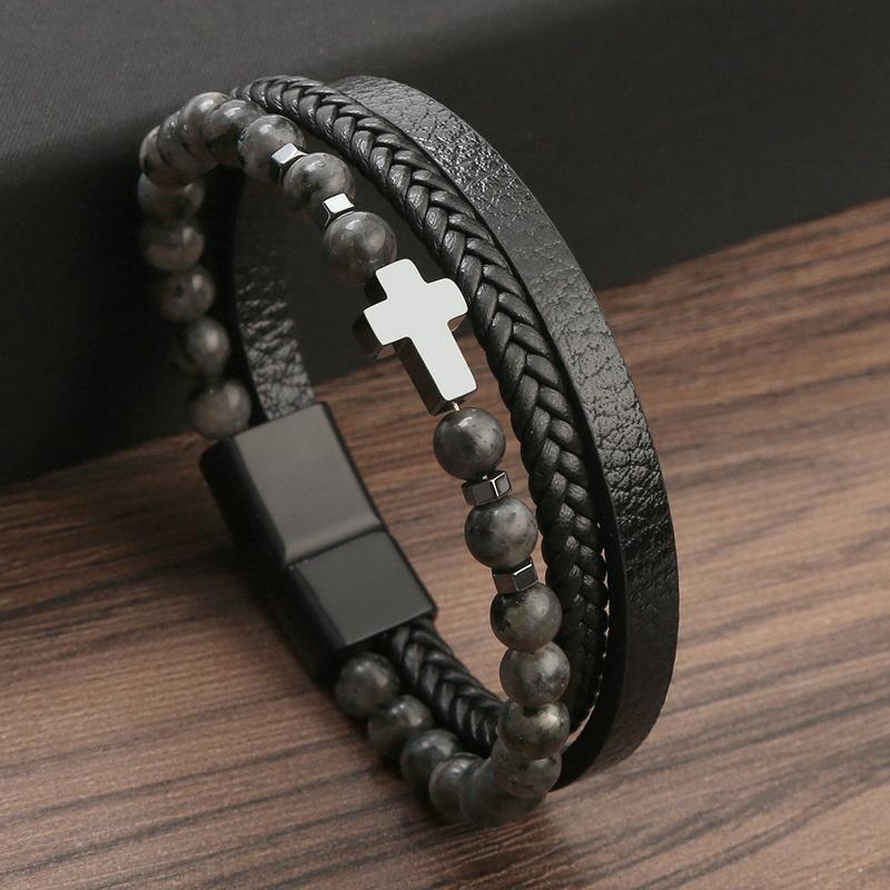 Gebet Herren Naturstein Perlen Rosenkranz Kreuz Armbänder Mehrschichtiges Lederarmband Damen Yoga Meditation Schmuck Homme Pulsera