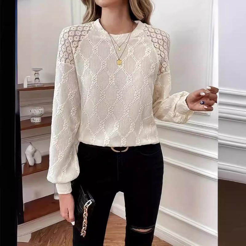 Dámské krajkové patchworkové tričko s dlouhým rukávem, elegantní jednobarevné, kulatý výstřih, duté tričko pro ženy
