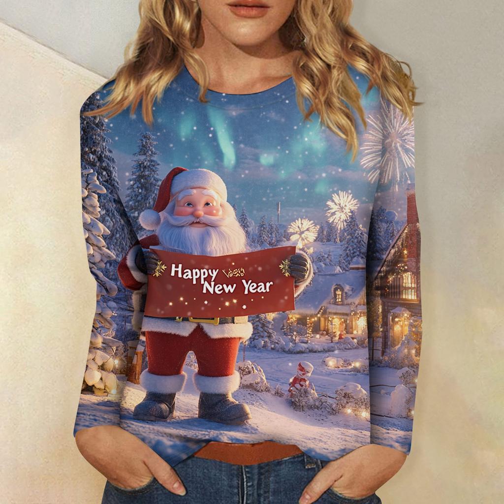Women's Casual Fashion Sexy Comfortable Christmas Printed Round Neck Long Sleeve Top