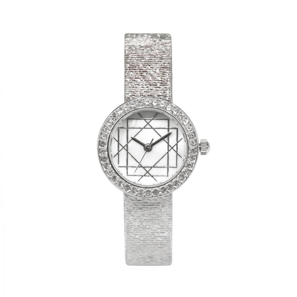 Round Quartz Watch For Women Rhinestone Bezel Geometric Line Dial Textured Mesh Strap Elegant Daily Waterproof Wristwatch