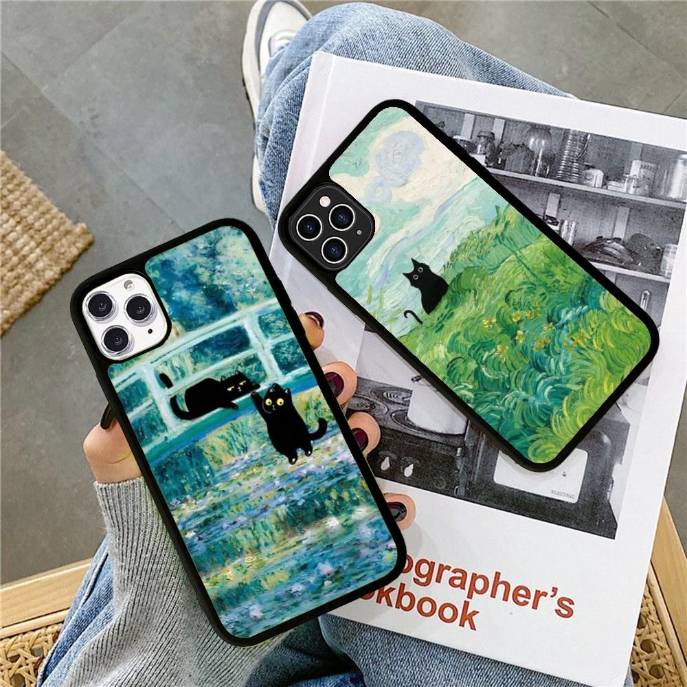 Cartoon Animal Black Cat Oil Painting Phone Case Silicone PC+TPU For For iPhone  11 12 13 14 15 16 Plus Pro Max Cover