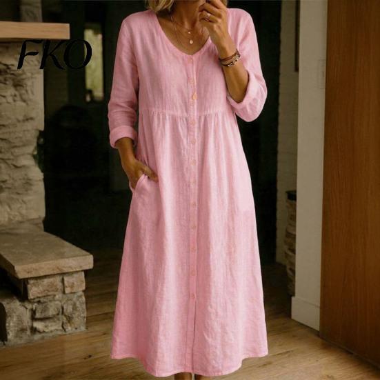 Soft Fabric Women Dress Summer Midi for Women, Button Down Long Sleeve Simple Style A-line Dress, Casual Loose V Neck Flowy Vacation Outfits Polyester