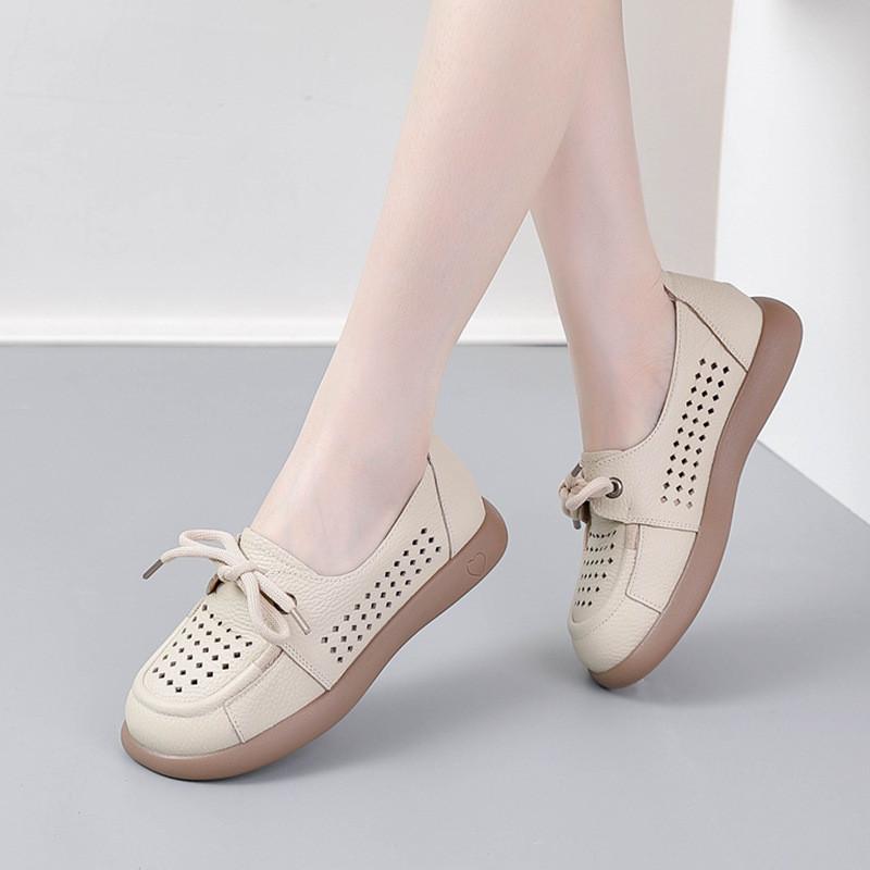 French Style Leather Shoes For Women With Breathable Hollow Design Comfortable Flat Shoes For Summer And Spring