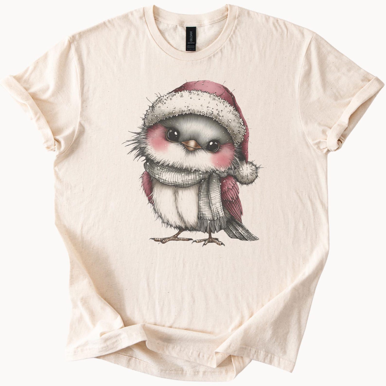 Christmas Bird Shirt Cute Winter Bird Wearing Santa Hat and Scarf Holiday Animal Graphic Tee Festive Christmas Shirt Gift for Bird Lovers 160