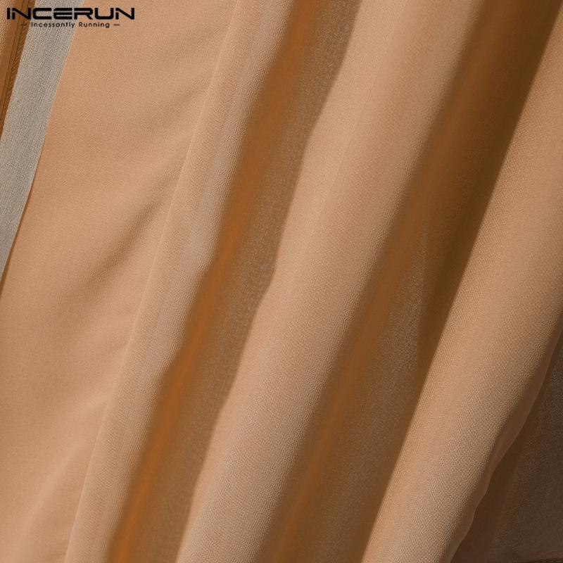 INCERUN 2PCS Sets Mens See Through Long Sleeve Open Front Tops Harem Pants Beach Home Outfits