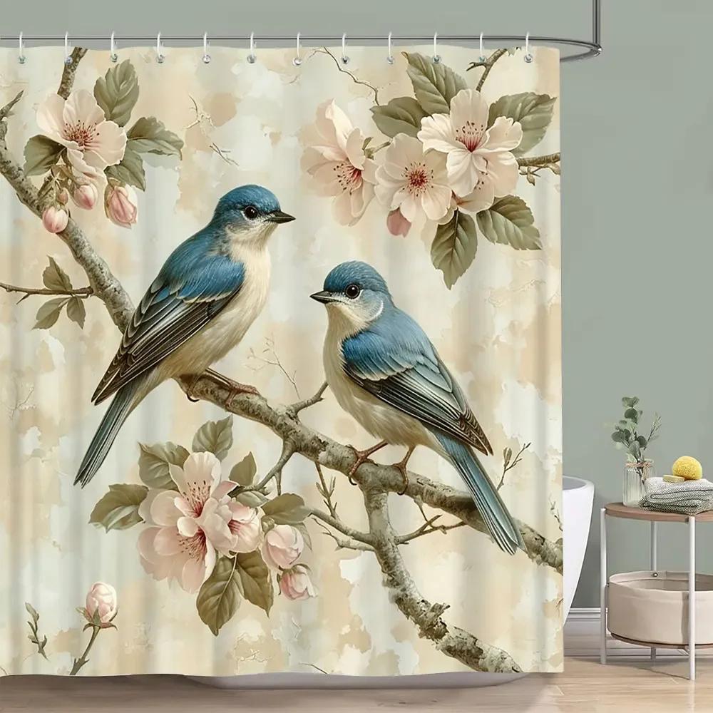 Vintage Blommig Färgstark Fågel Duschdraperi Akvarellmålning Konst Kreativt Hem Polyester Duschdraperier Badrumsdekor