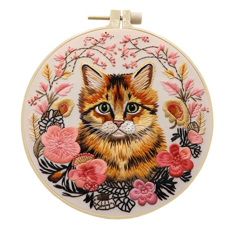 DIY Cat and Flower Embroidery Kit for Adults and Beginners Handmade Cross Stitch Kit Mixing Colors Fabric Materials