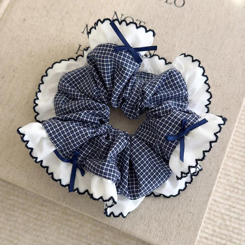Retro Blue Checkered Hair Ties Fabric Webbing Bow Square Headbands Womens Temperament Head Rope Female Party Accessories Fashion