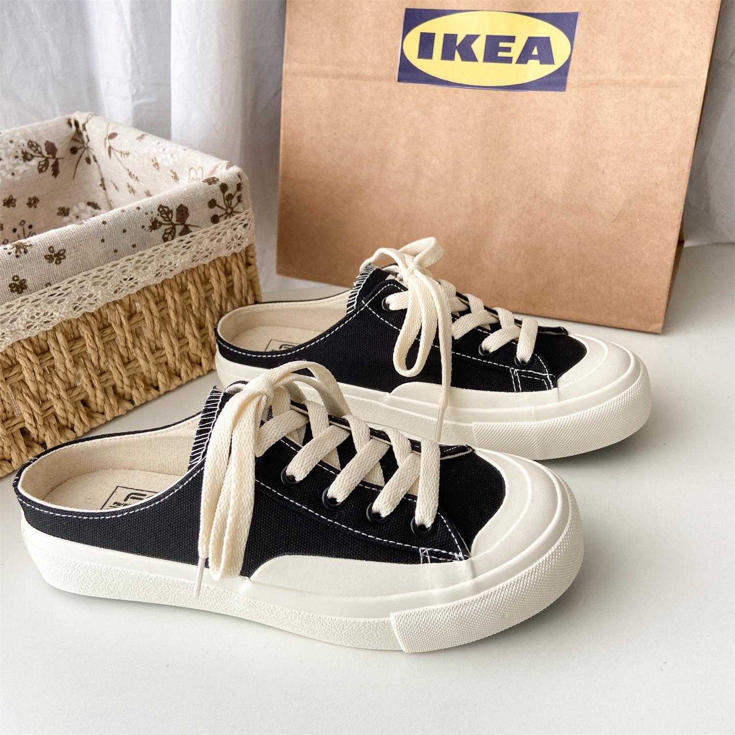 

F116 верхняя одежда полускользящие белые туфли женские 2025 новые ленивые туфли без каблука универсальные парусиновые туфли с одной педалью 40 чёрный