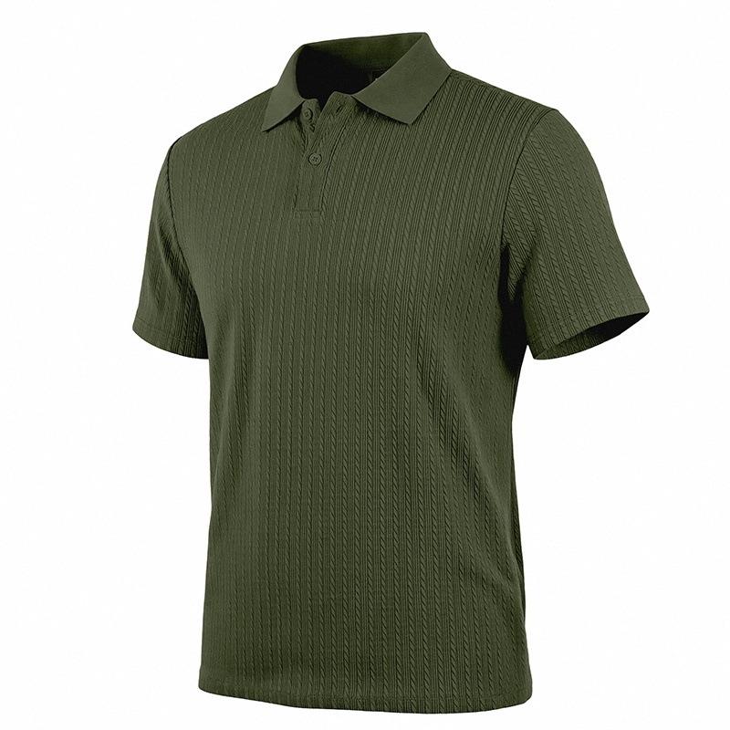 Mens Summer Textured Short Sleeve Polo Shirt Business Casual Solid Lapel Top